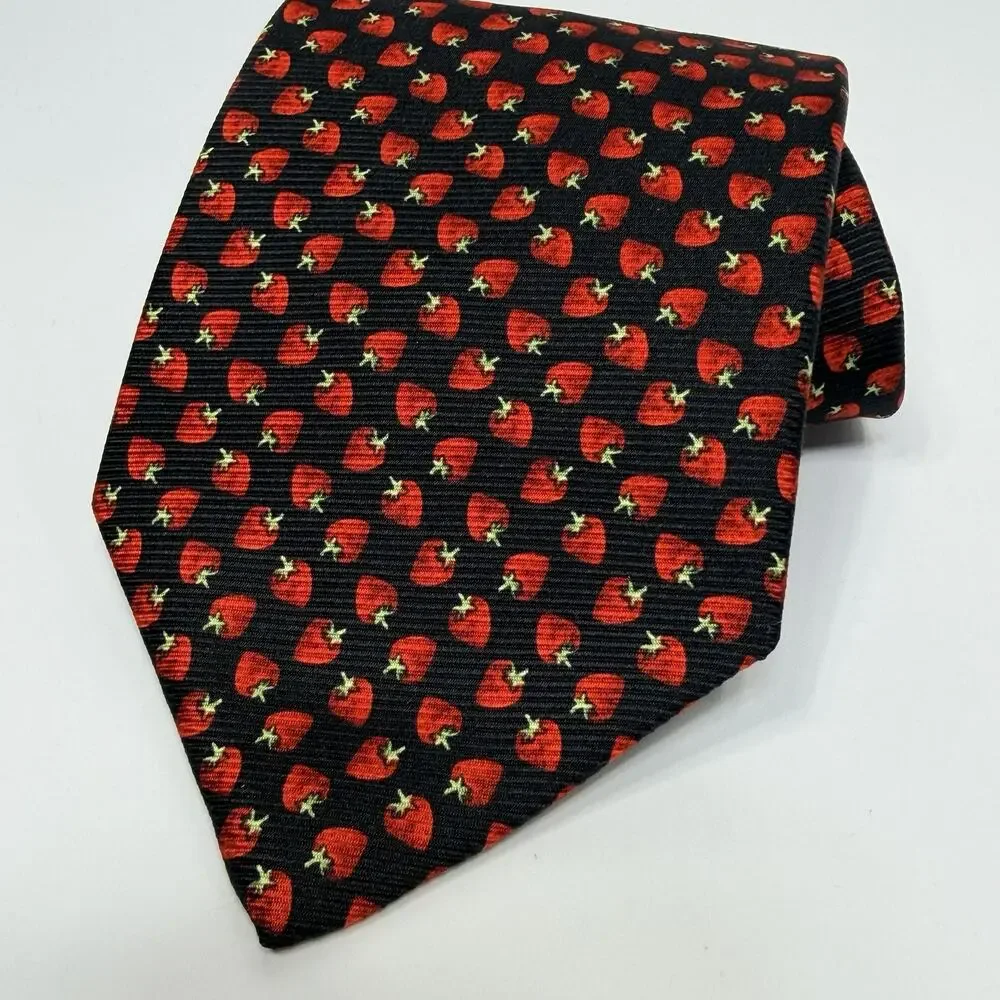 Brooks Brothers Strawberry Neck Tie Silk Black Red Novelty USA Summer 3.5